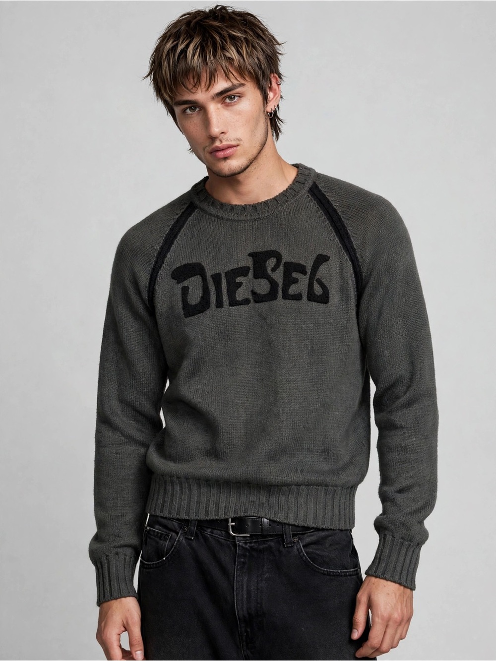 Diesel Vintage Y2K Spell Out Logo Wool Blend Raglan Sweater Charcoal Black L